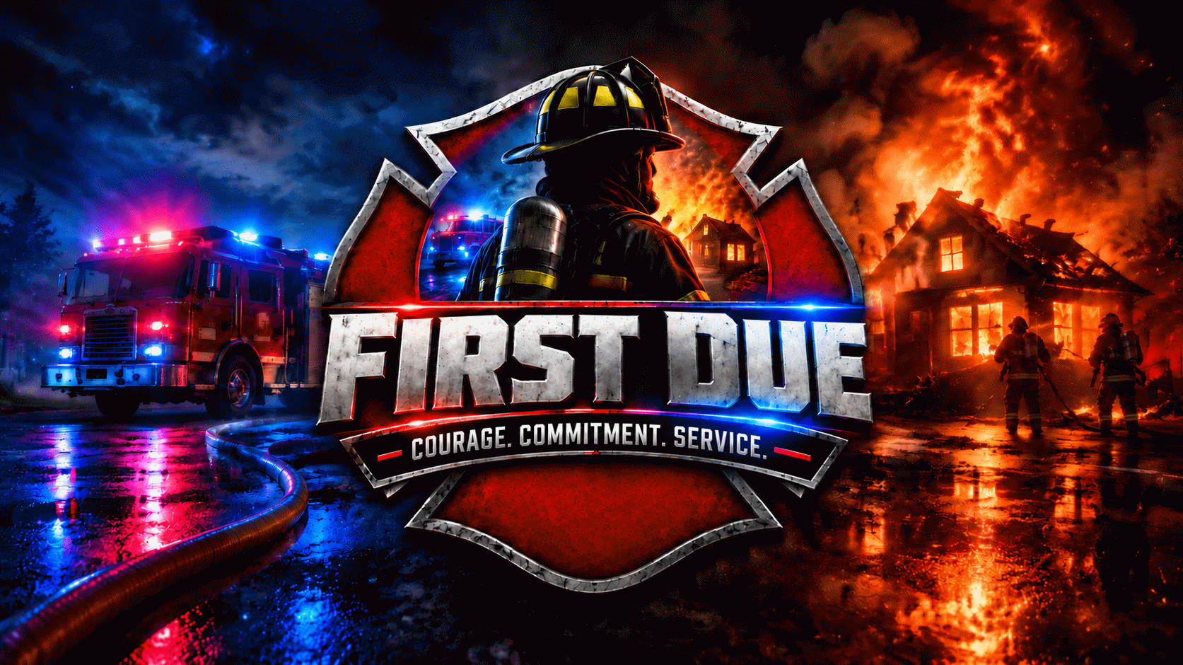 First Due: a firefighter in a Maltese cross, flanked by a fire engine and a burning building. Courage. Commitment. Service.